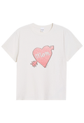 White t-shirt with pink heart and 'mom' text on a white background