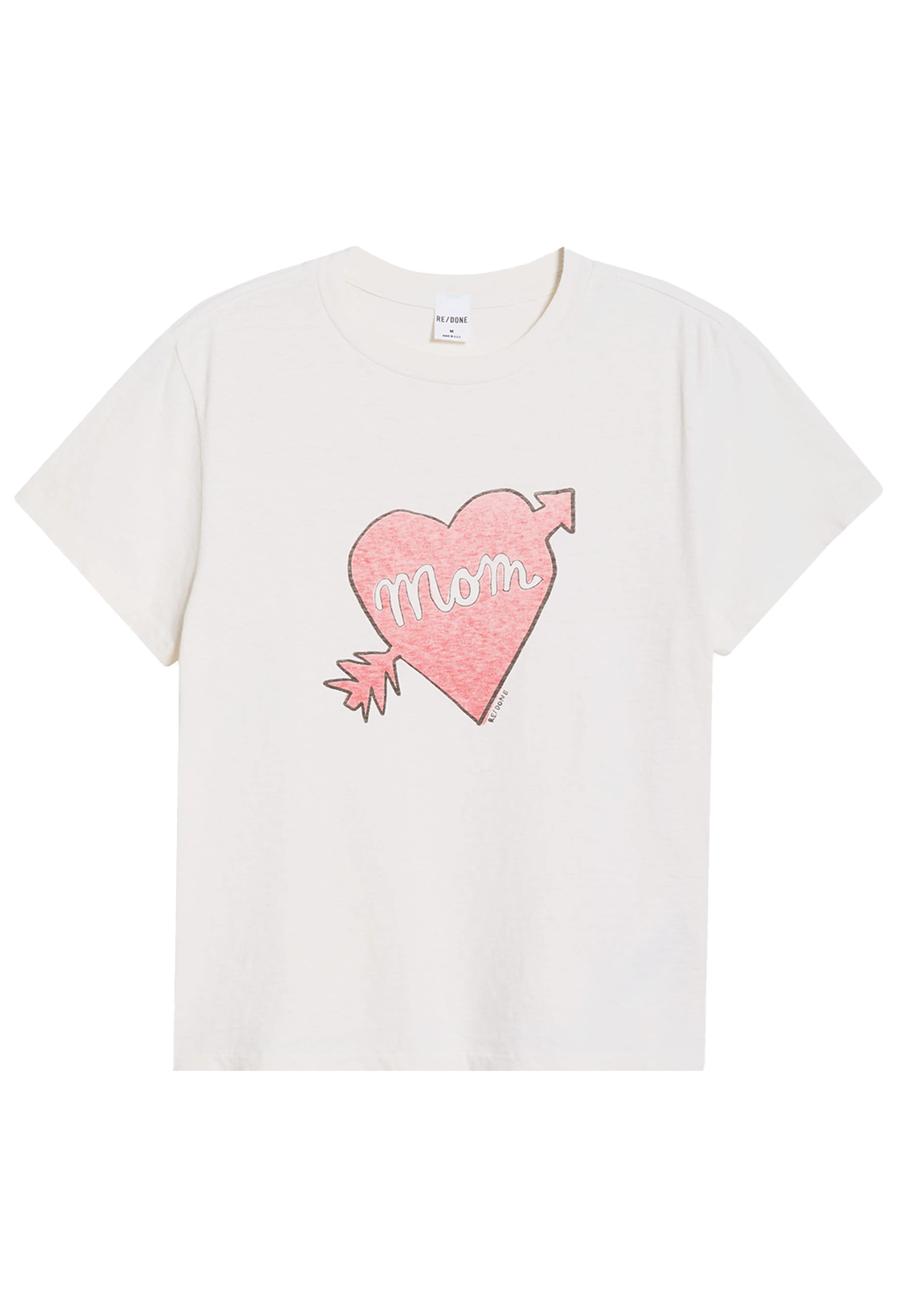 White t-shirt with pink heart and 'mom' text on a white background