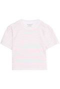 White t-shirt with thin red stripes on a white background