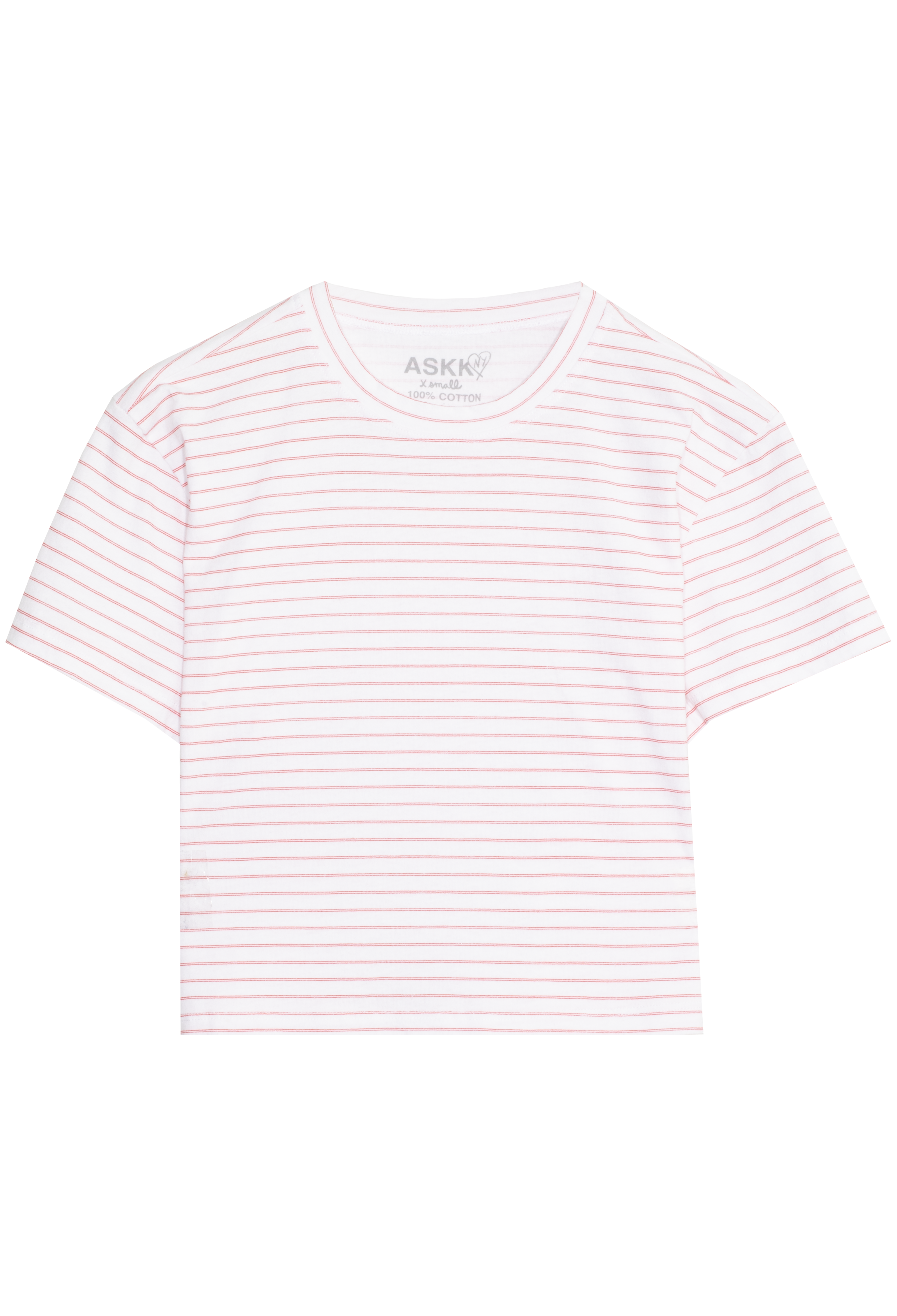 White t-shirt with thin red stripes on a white background
