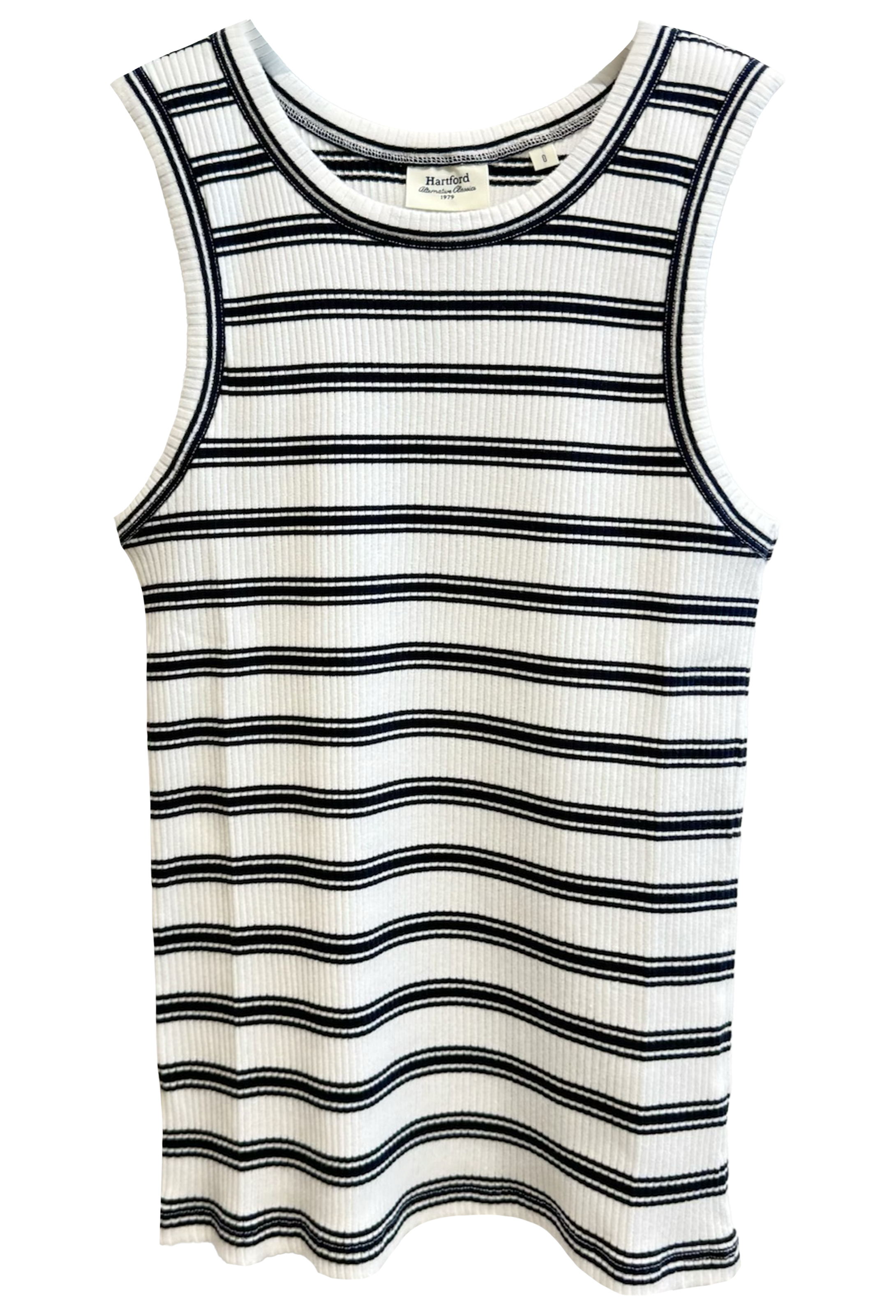 navy and white striped tank top on a white background