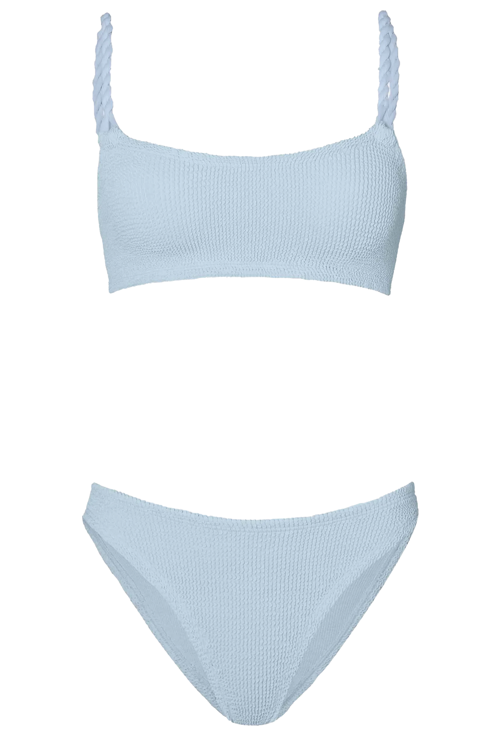 Light blue bikini set with a top and bottom on a white background
