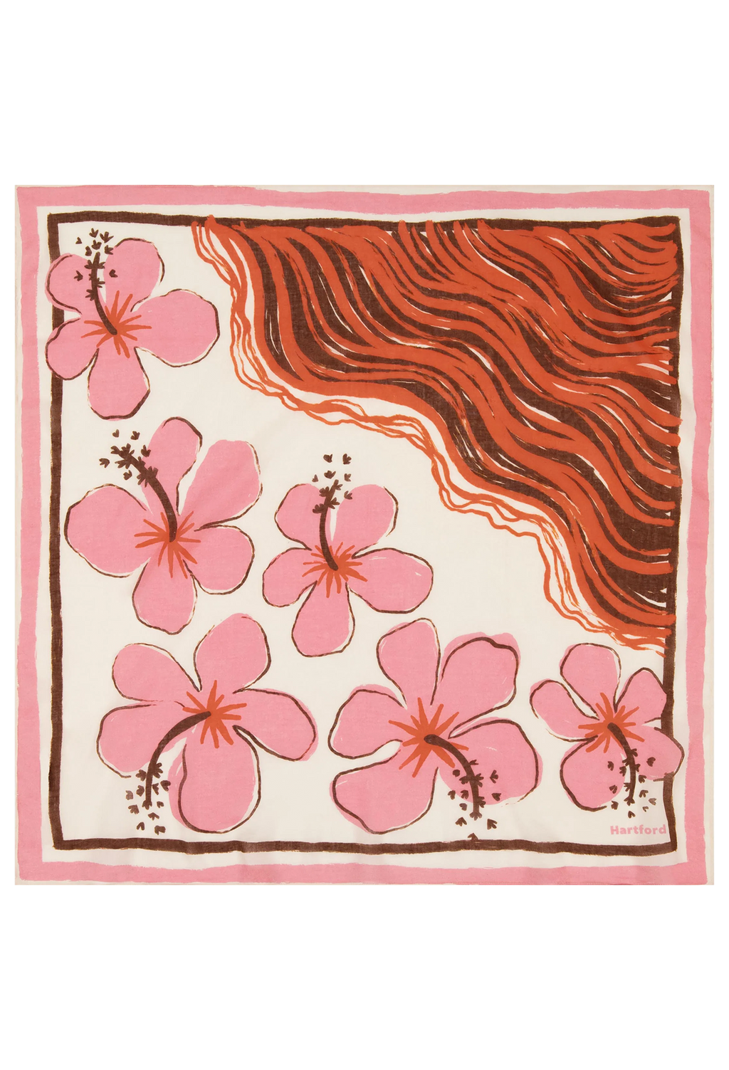 Square scarf with pink floral design and brown abstract pattern on a white background