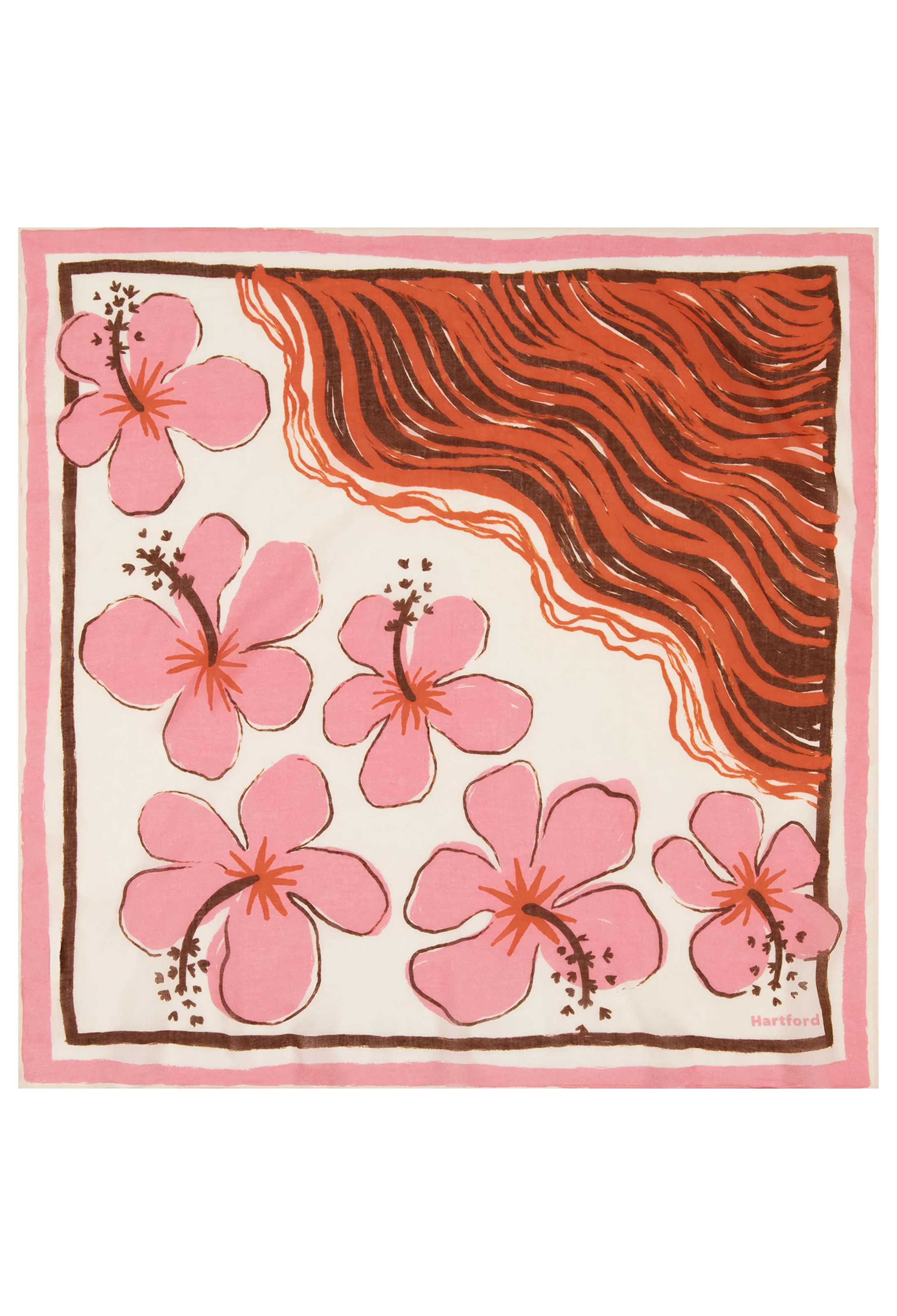 Square scarf with pink floral design and brown abstract pattern on a white background
