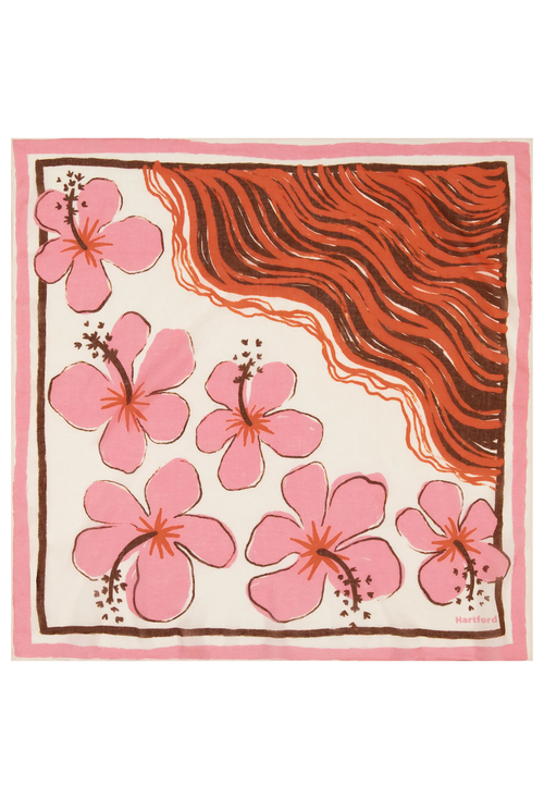 Square scarf with pink floral design and brown abstract pattern on a white background