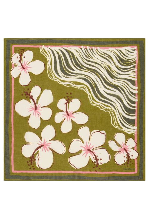 Square scarf with floral design on a green background