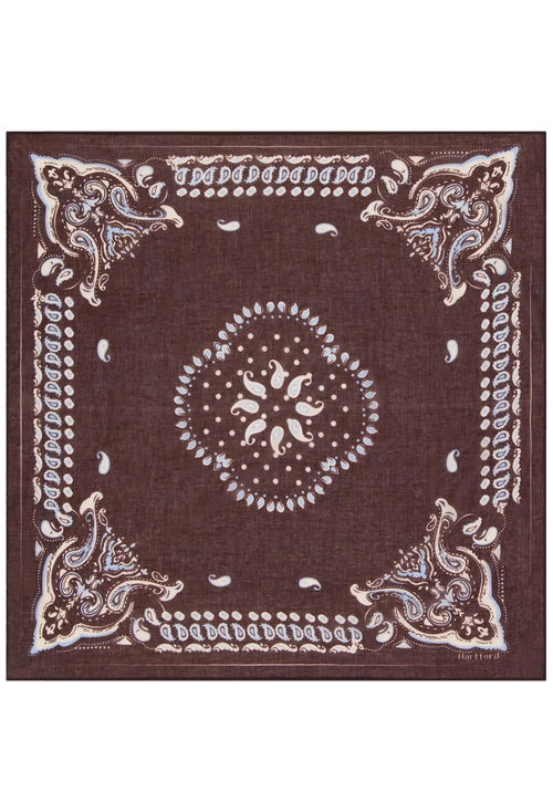 Brown bandana with white paisley patterns