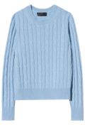 Light blue cable knit sweater on a white background