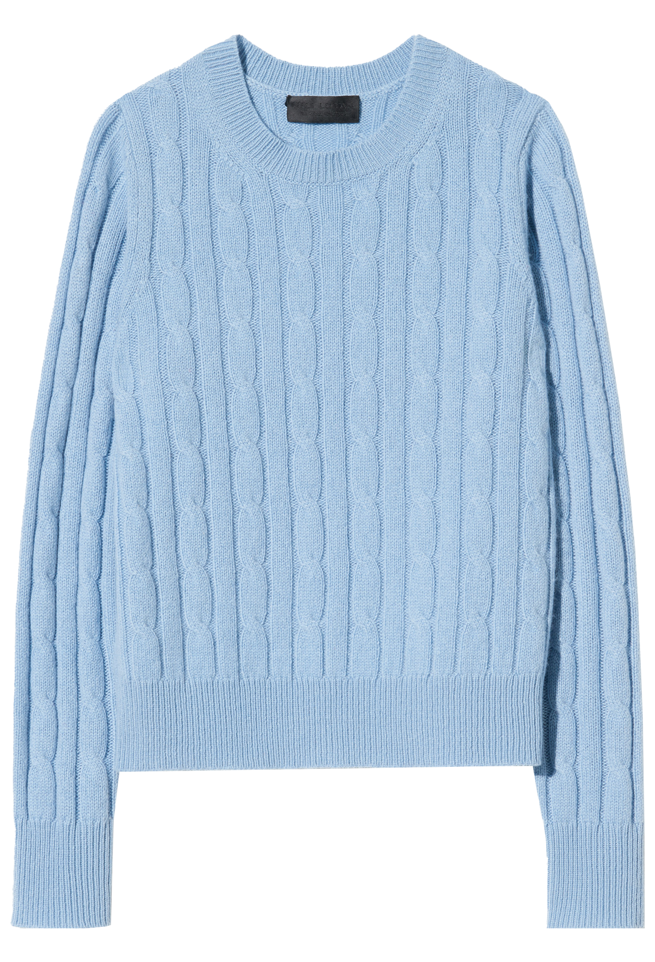 Light blue cable knit sweater on a white background