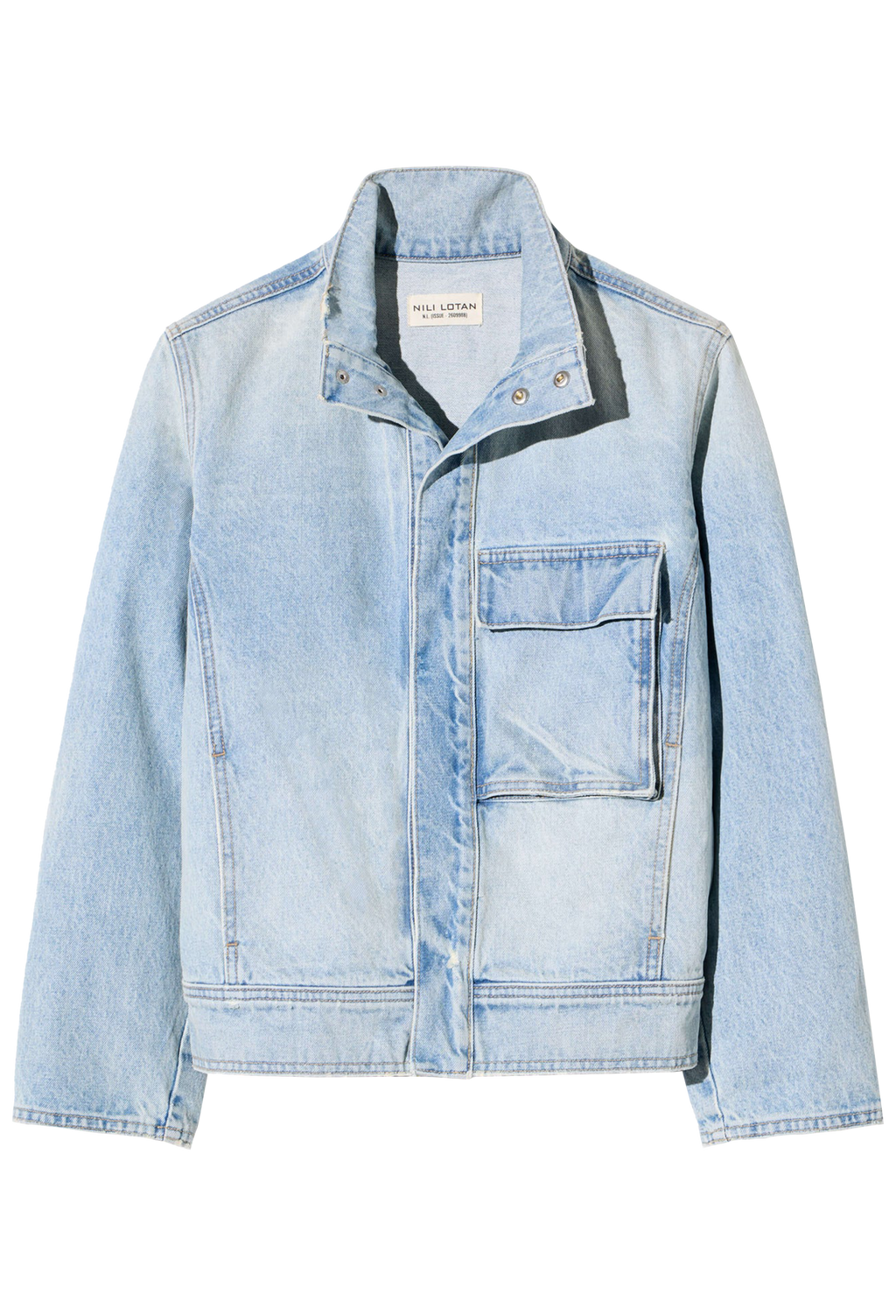 Light blue denim jacket with black trim on a white background