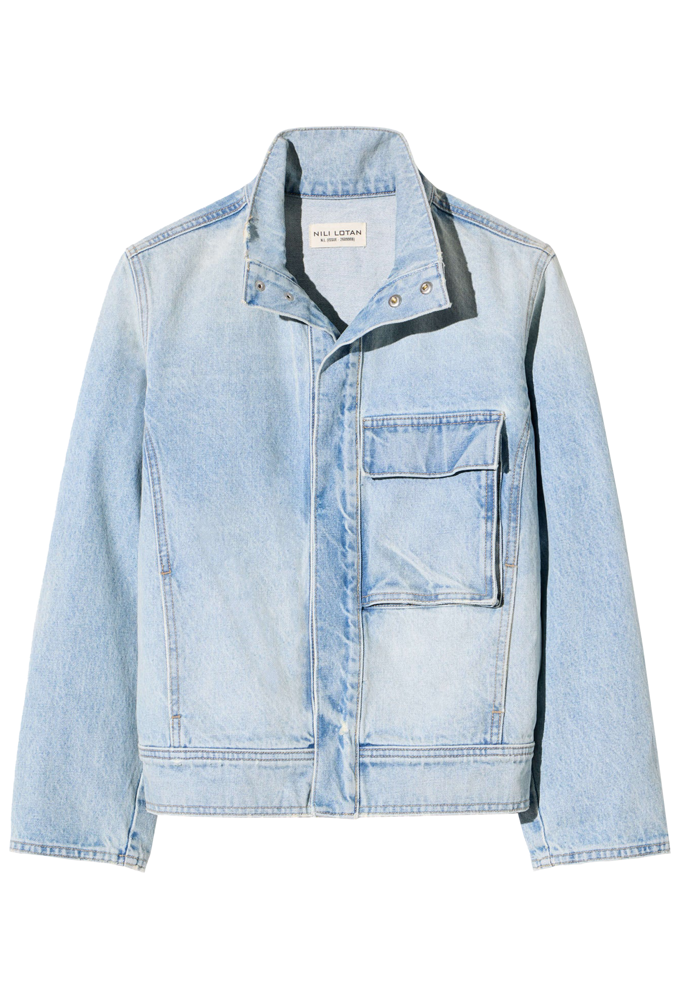 Light blue denim jacket with black trim on a white background