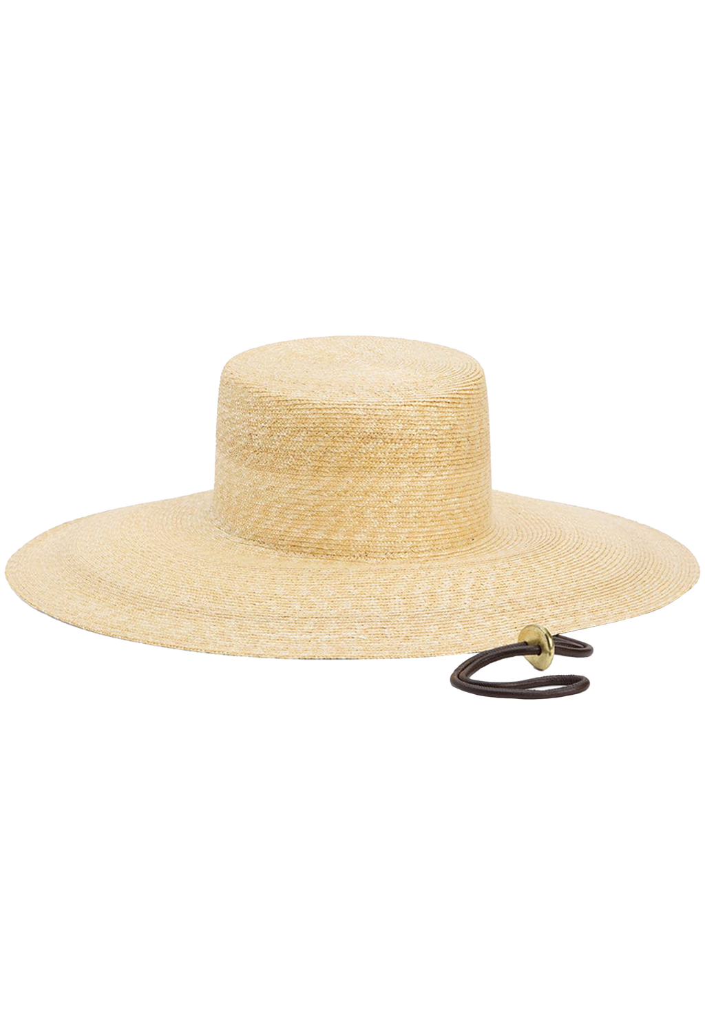Beige straw hat with wide brim on a white background