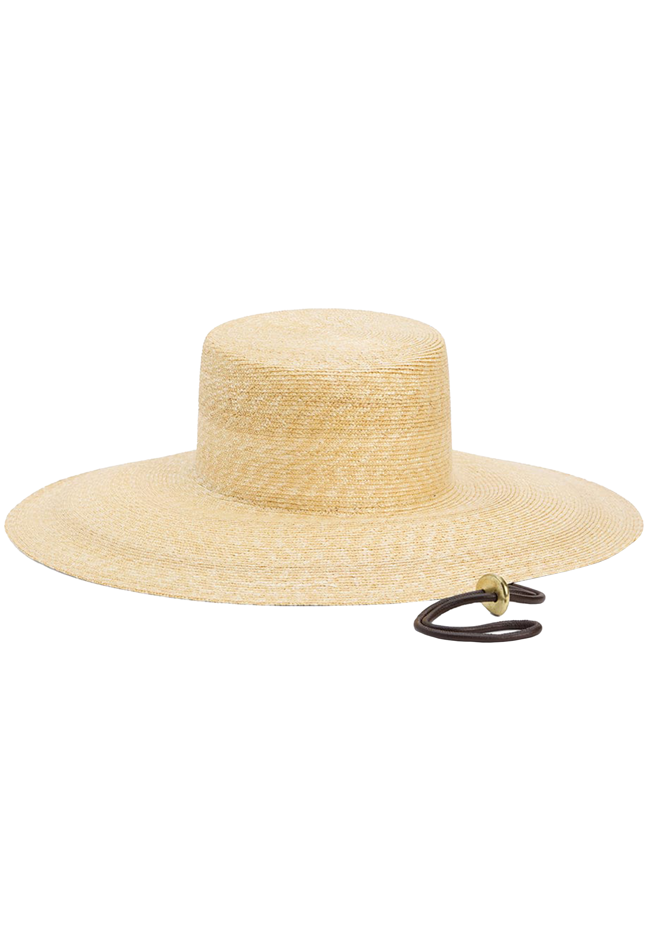 Beige straw hat with wide brim on a white background