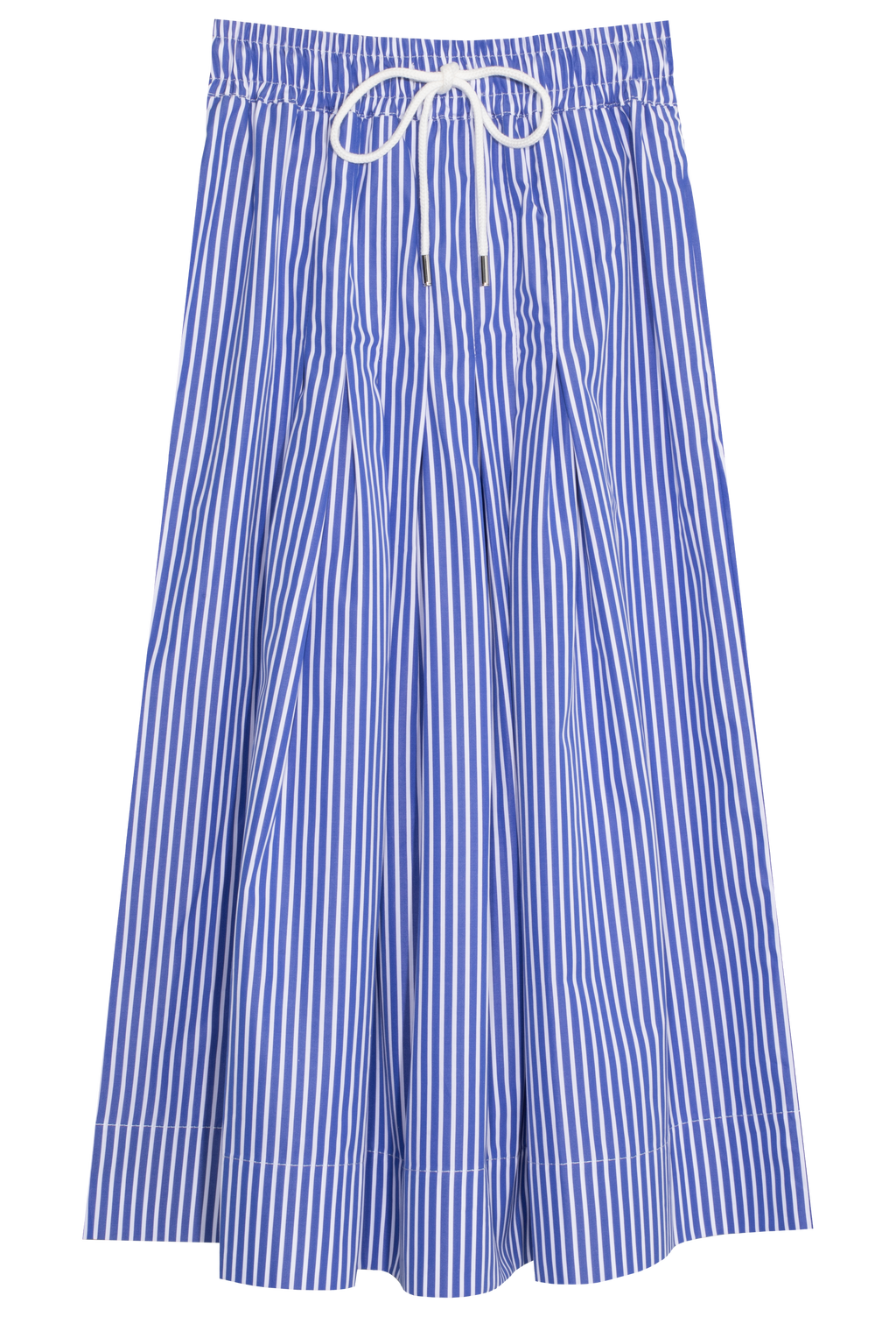 Blue and white striped skirt with drawstring waist on a white background
