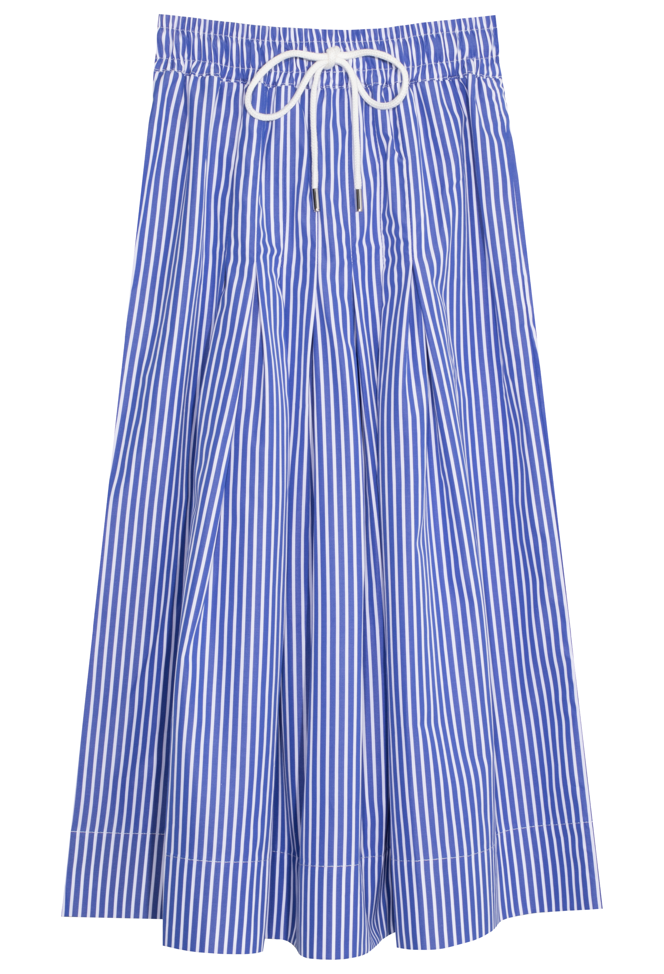 Blue and white striped skirt with drawstring waist on a white background
