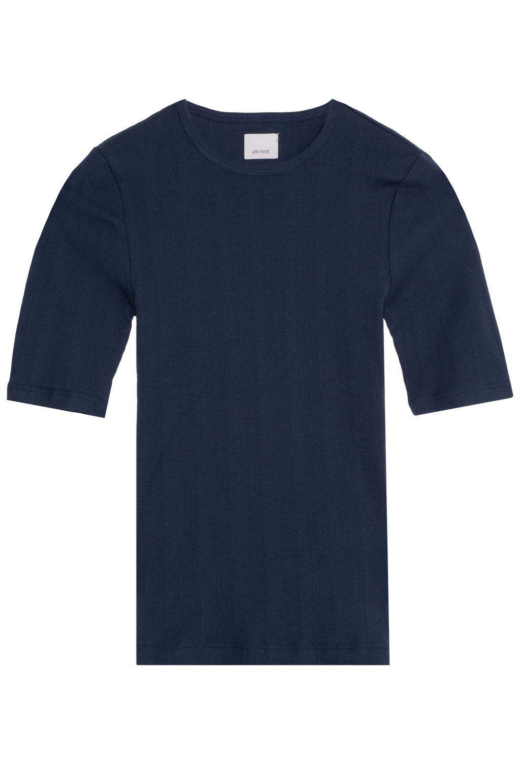 Navy blue t-shirt with short sleeves on a white background