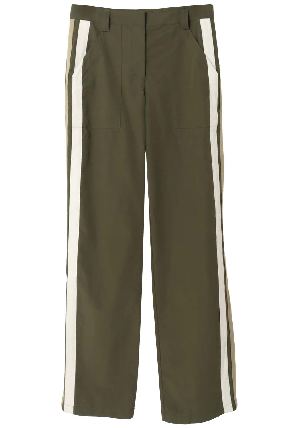 Green pants with white side stripes on a white background