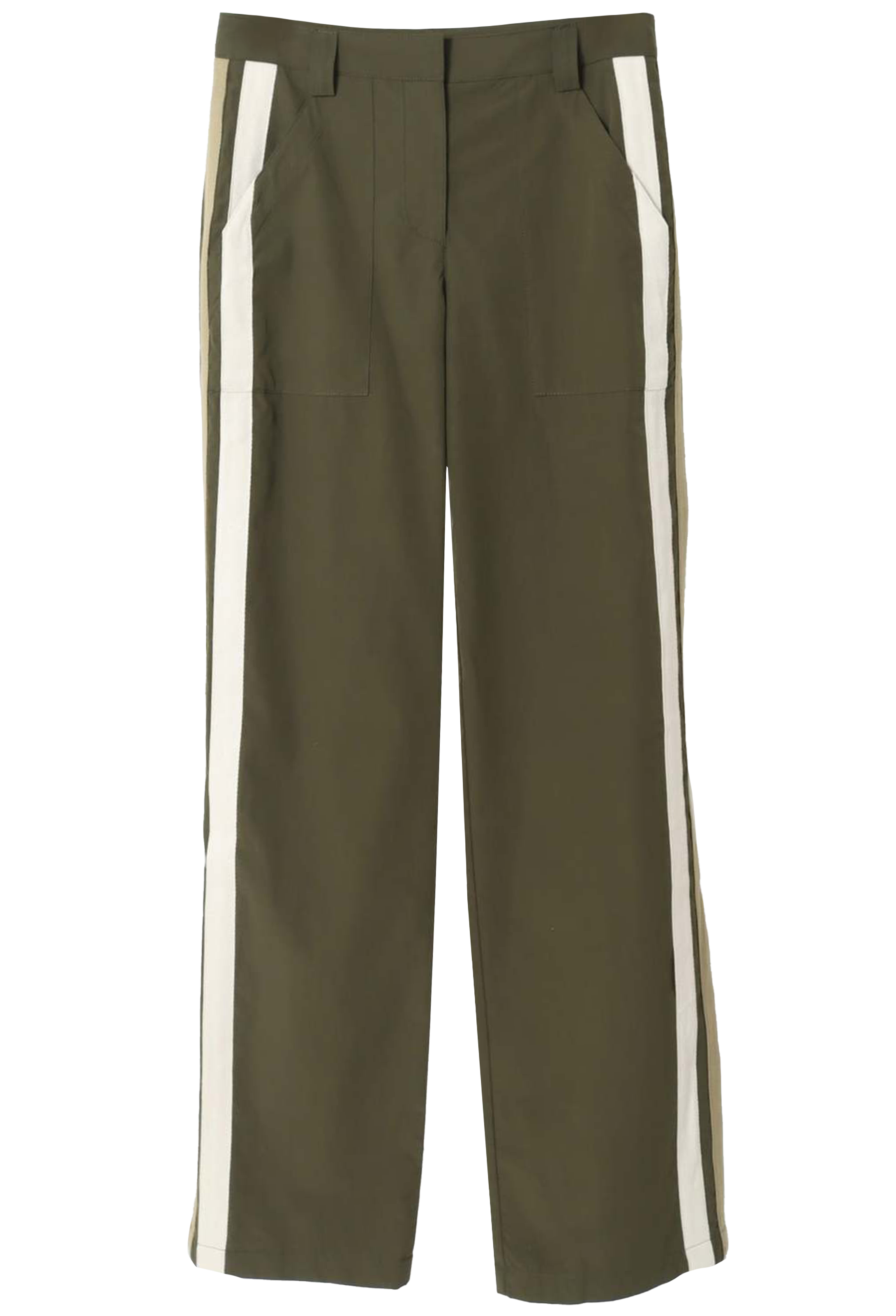 Green pants with white side stripes on a white background