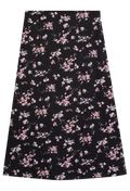 Black skirt with pink floral pattern on a white background