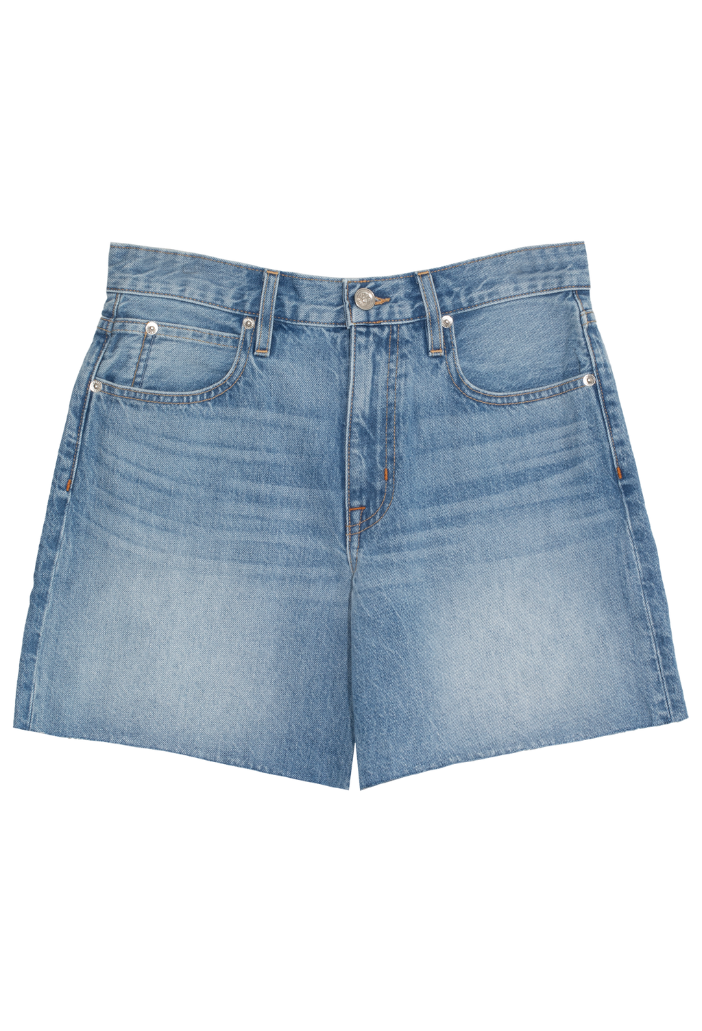 Blue denim shorts on a white background