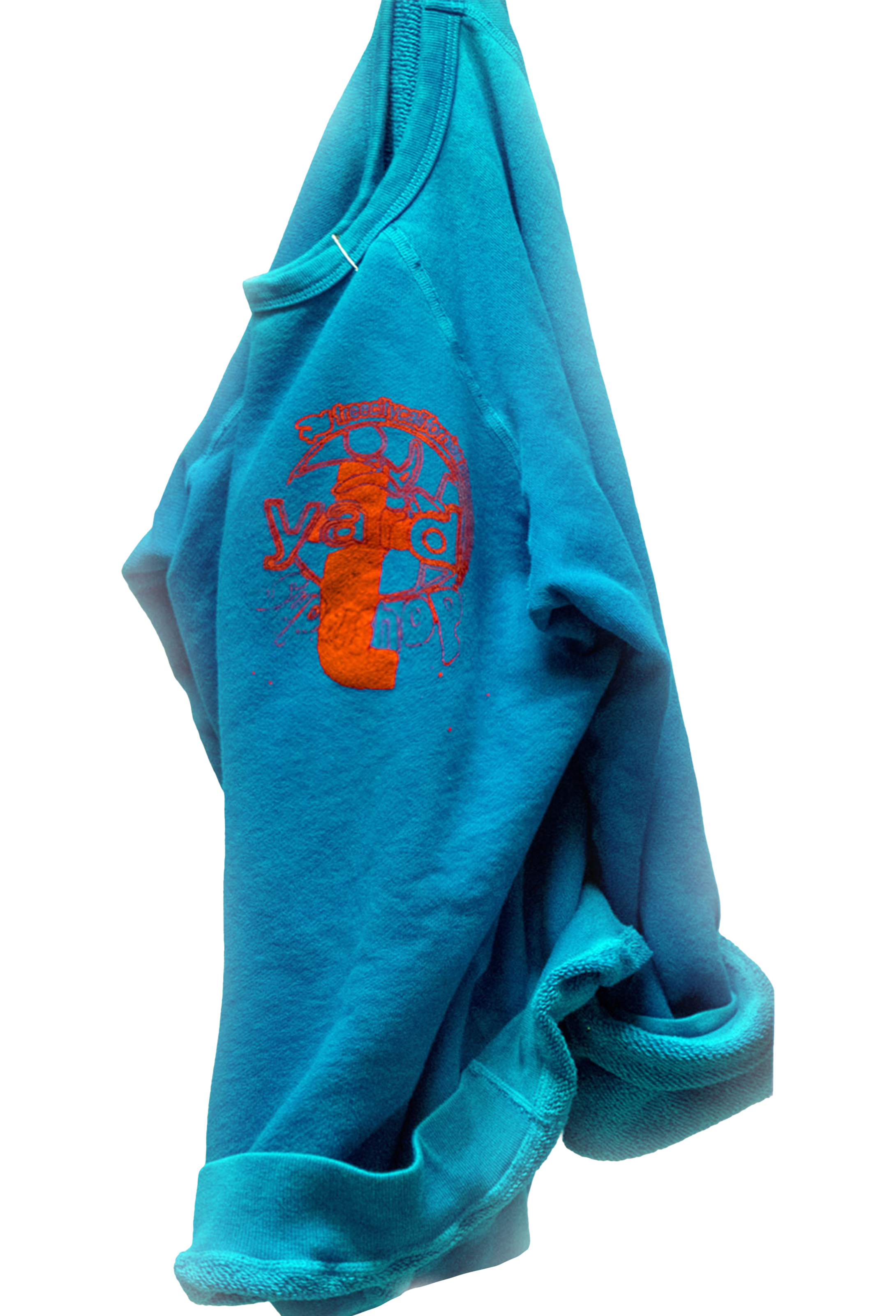 Blue sweatshirt with orange graphic design on a white background
