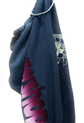 blue sweatpant with pink text and white graphic on a white background