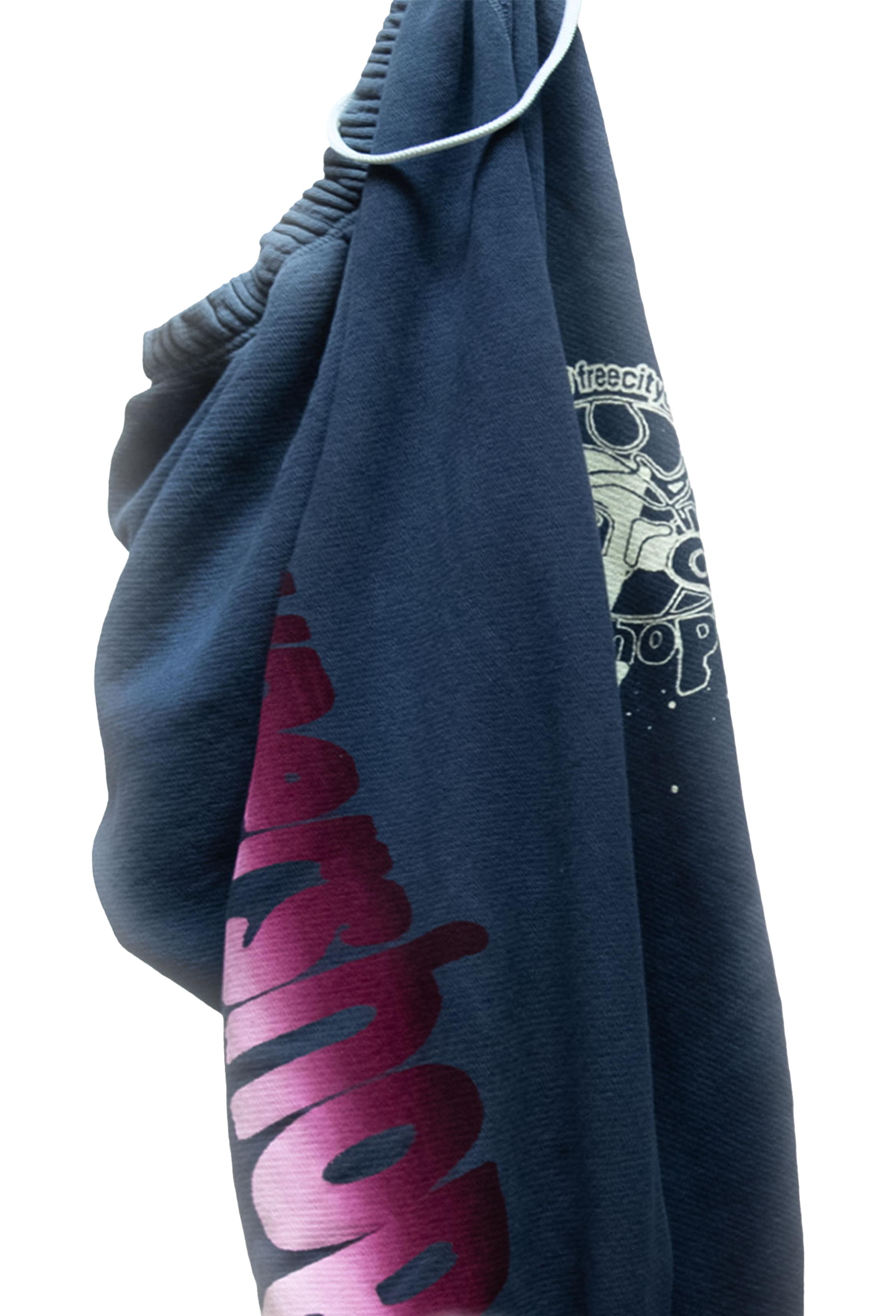 blue sweatpant with pink text and white graphic on a white background