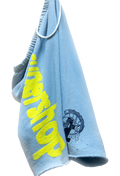 Light blue cutoff shorts with yellow text and black logo on a white background