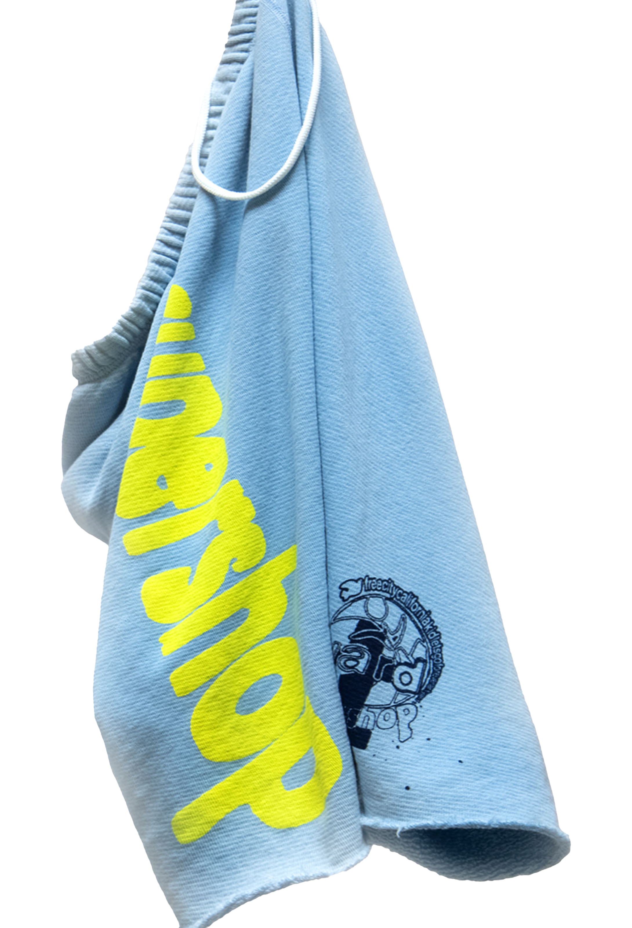 Light blue cutoff shorts with yellow text and black logo on a white background