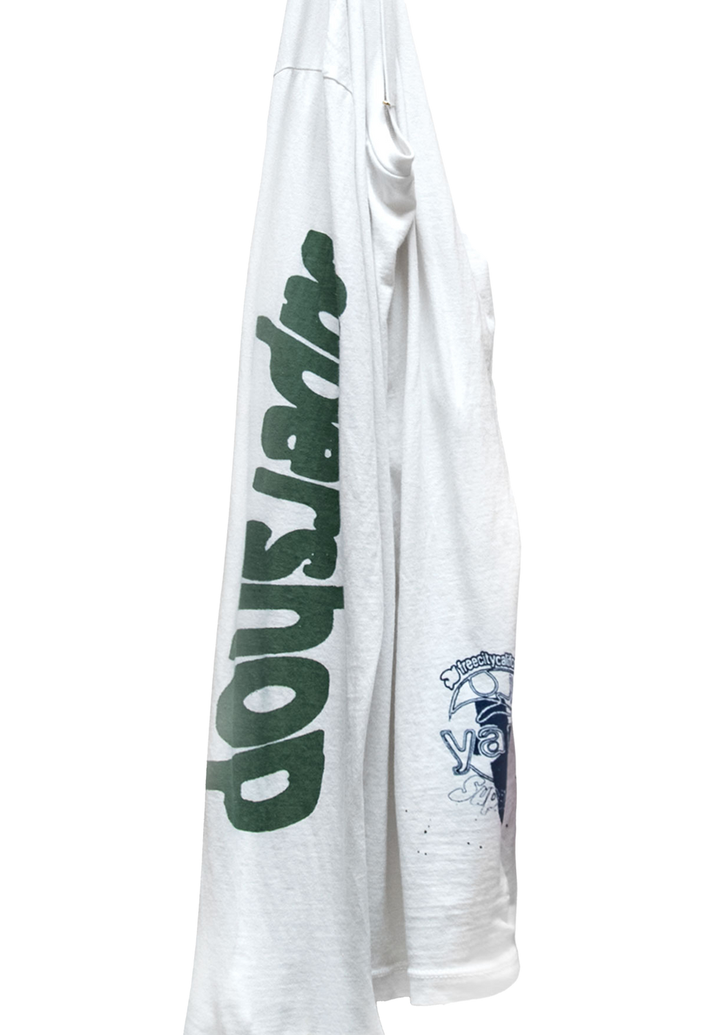 White t-shirt with green text and a logo on a white background