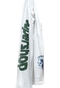 White t-shirt with green text and a logo on a white background