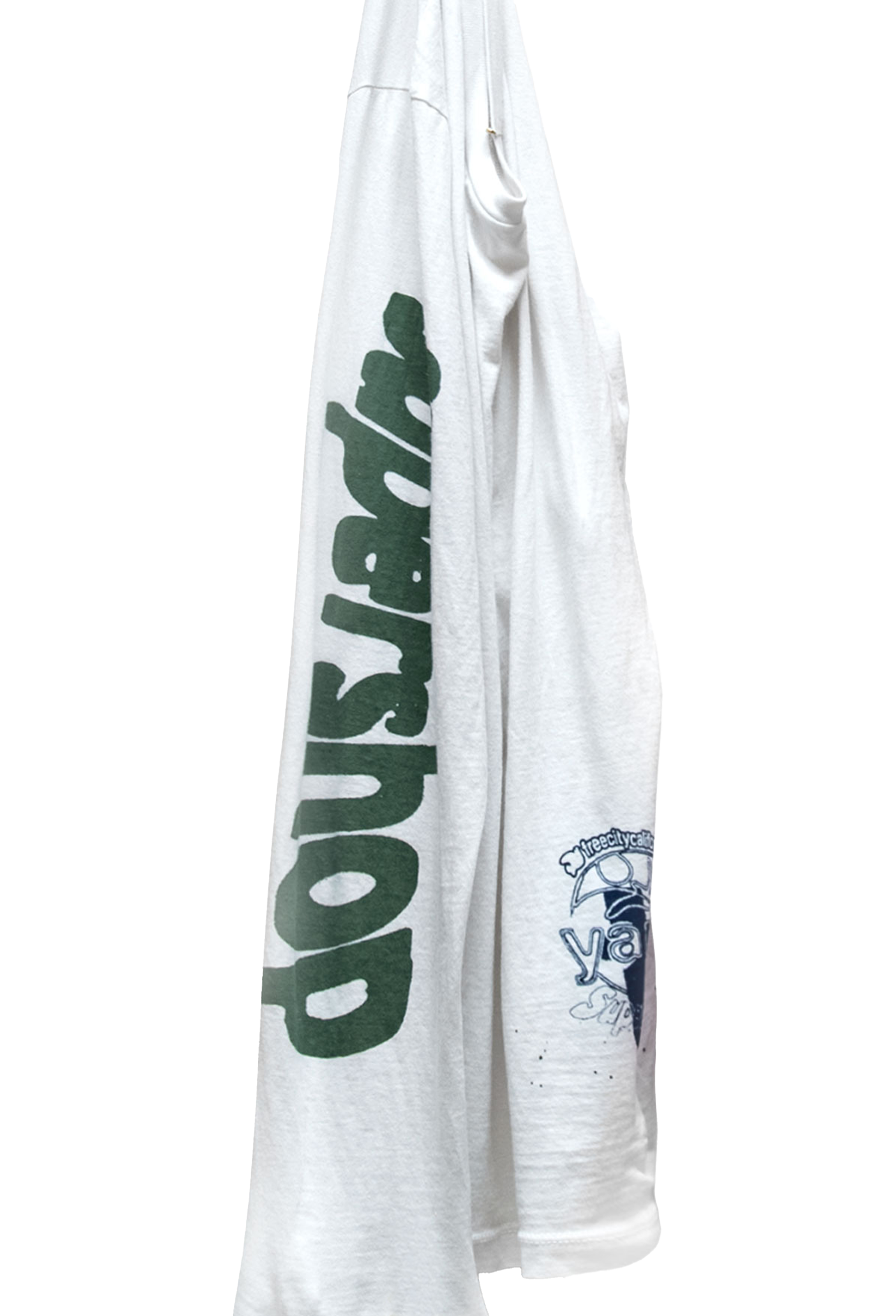 White t-shirt with green text and a logo on a white background