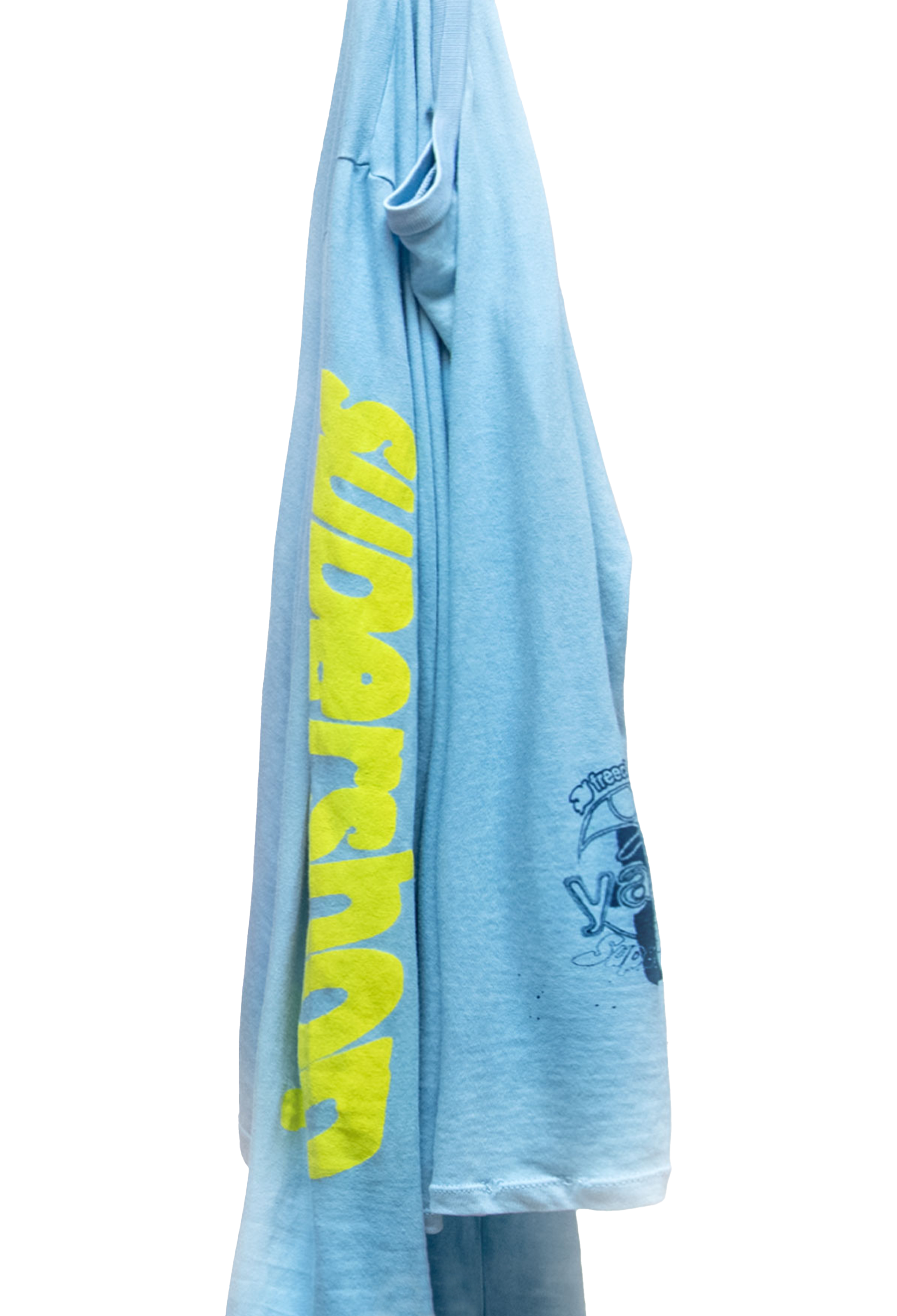 Light blue t-shirt with yellow text and graphics on a white background
