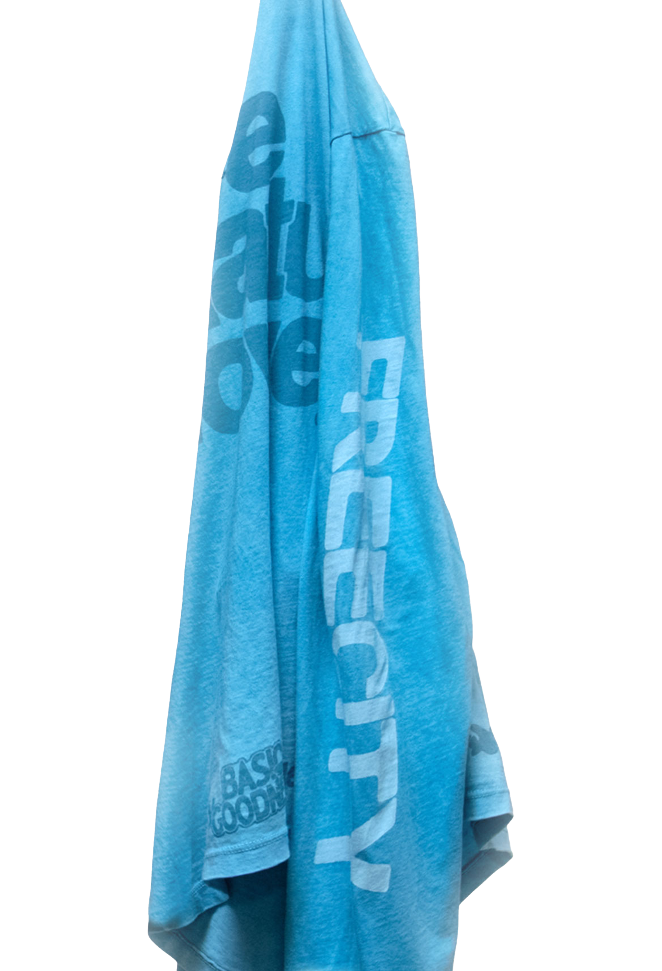 Blue t-shirt with white text on a white background
