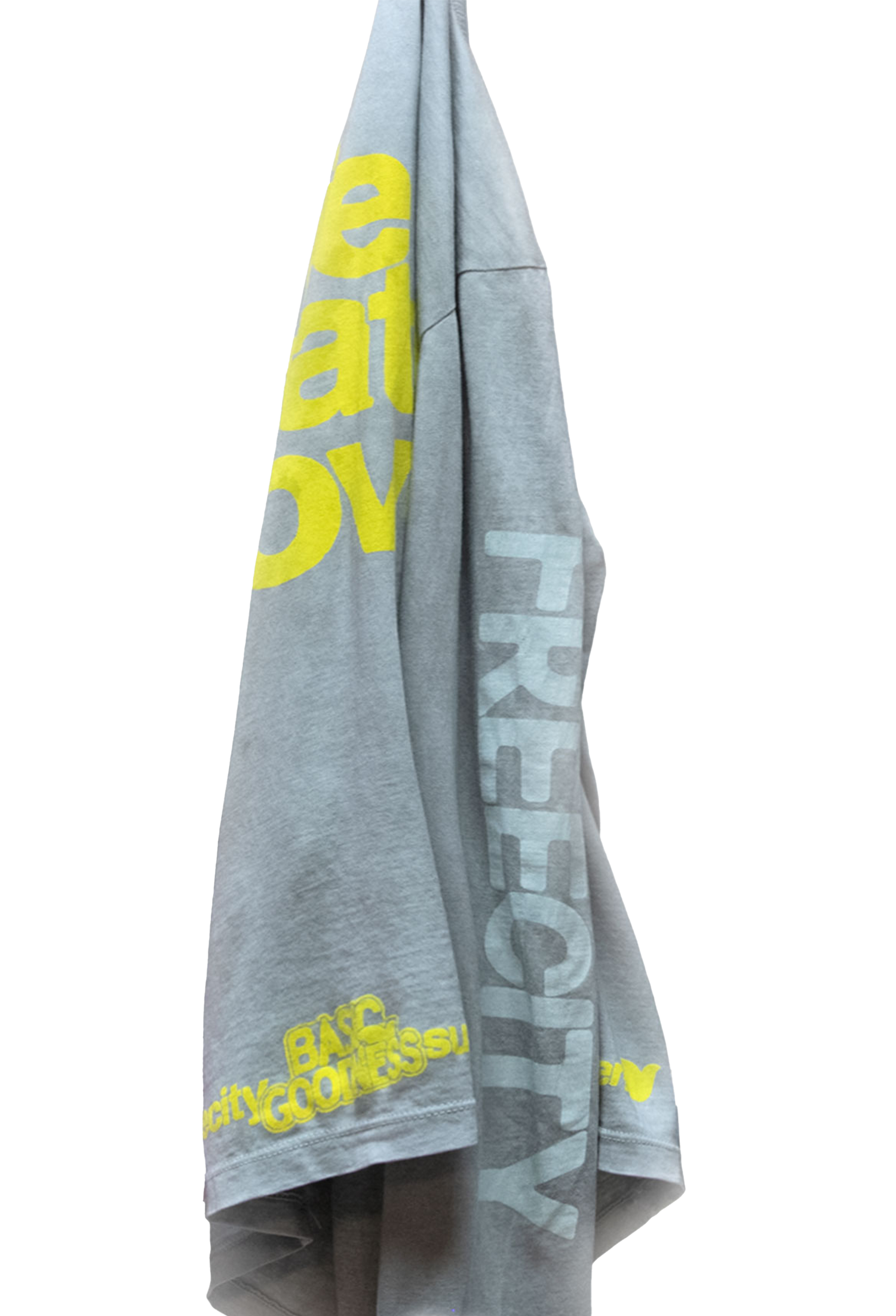 Gray tee with yellow text on a white background