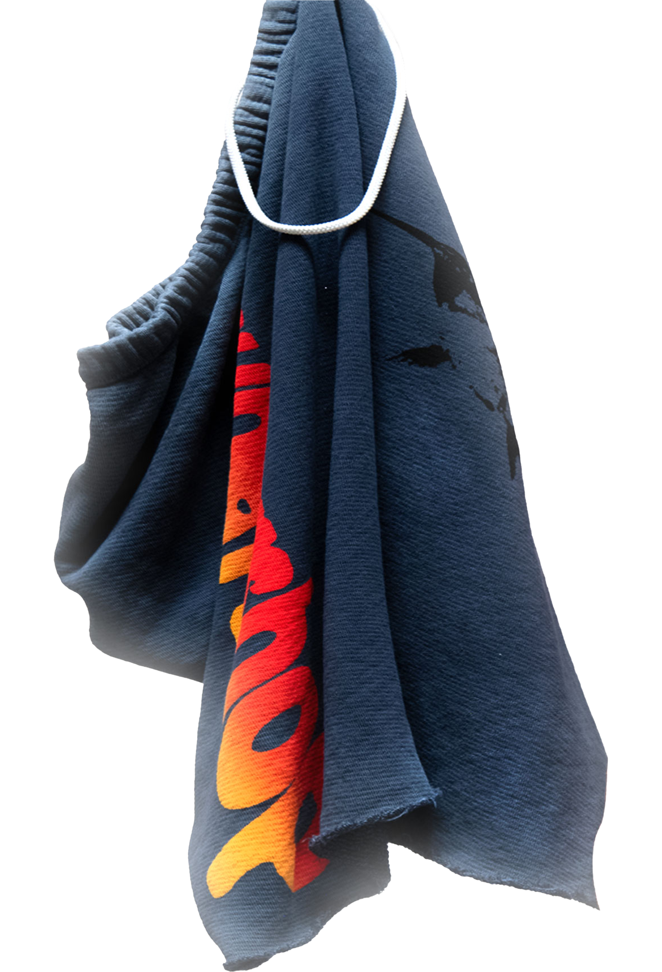 Blue shorts with colorful text hanging on a white background