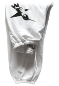 White sweatpants with black bird graphic on a white background