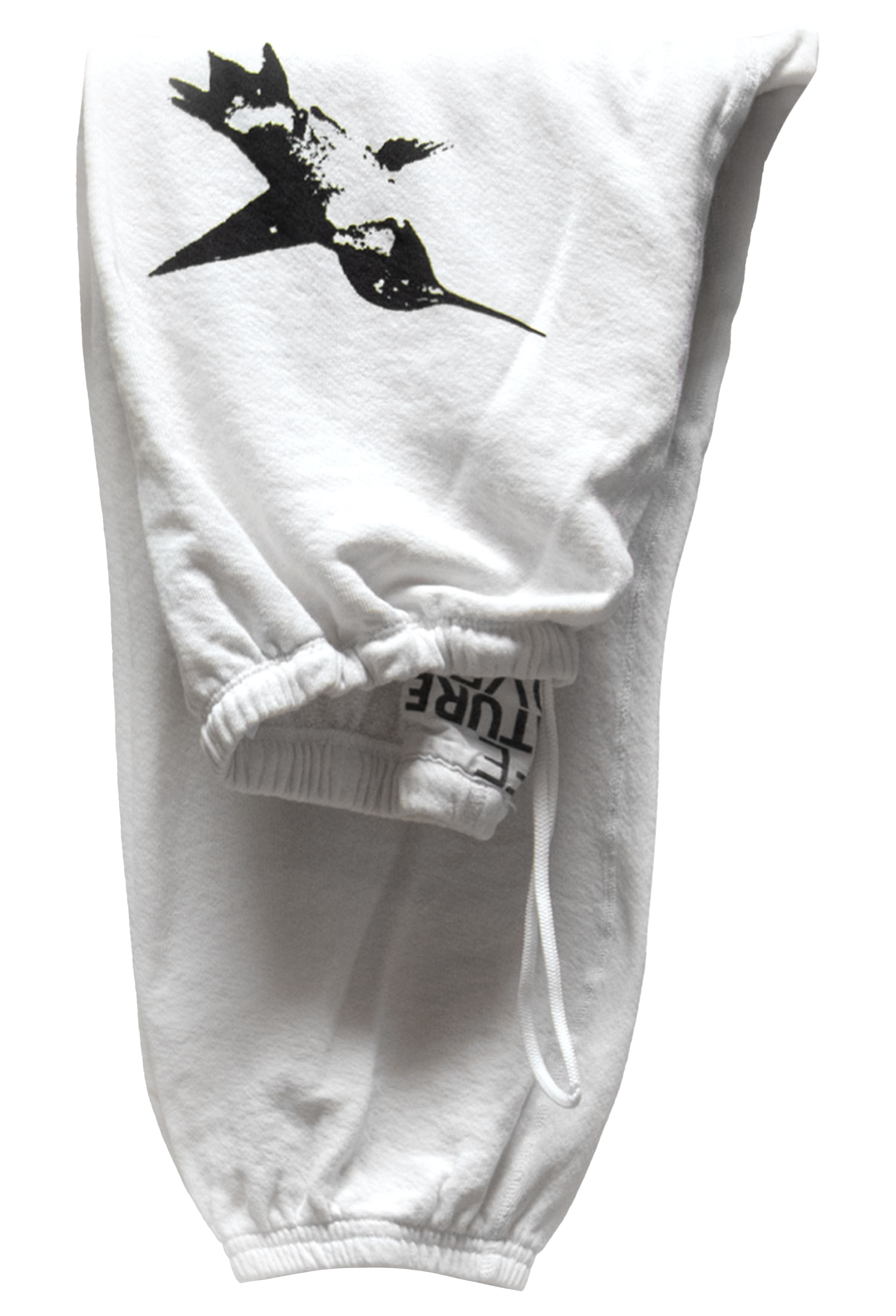 White sweatpants with black bird graphic on a white background