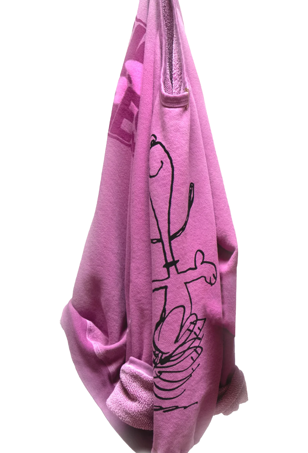 Pink hoodie with black graphics on a white background