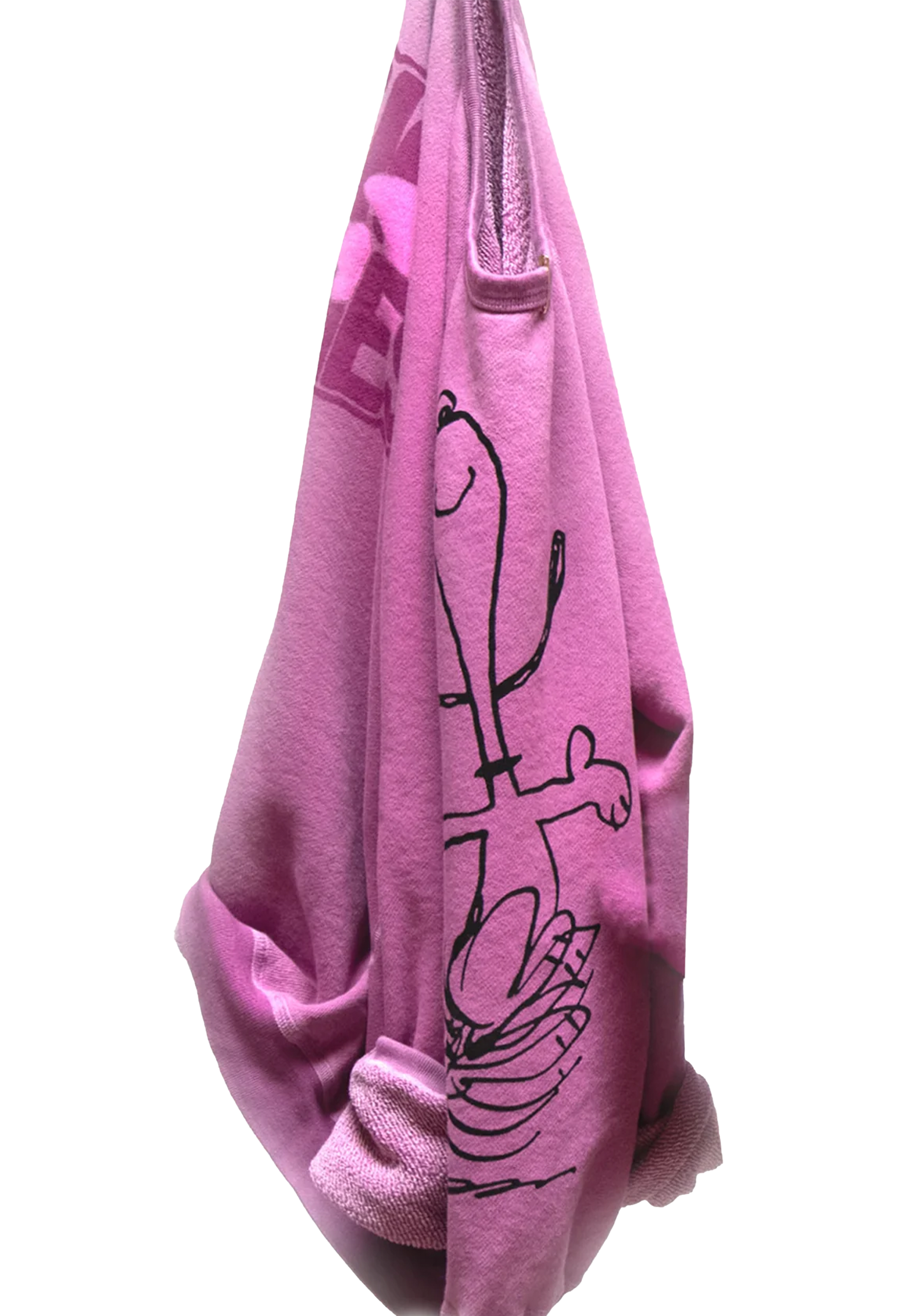Pink hoodie with black graphics on a white background