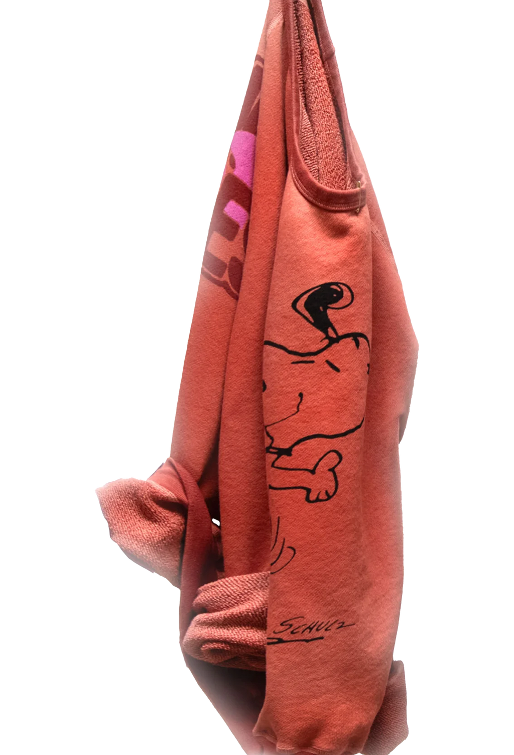 Red sweatshirt with black graphics on a white background