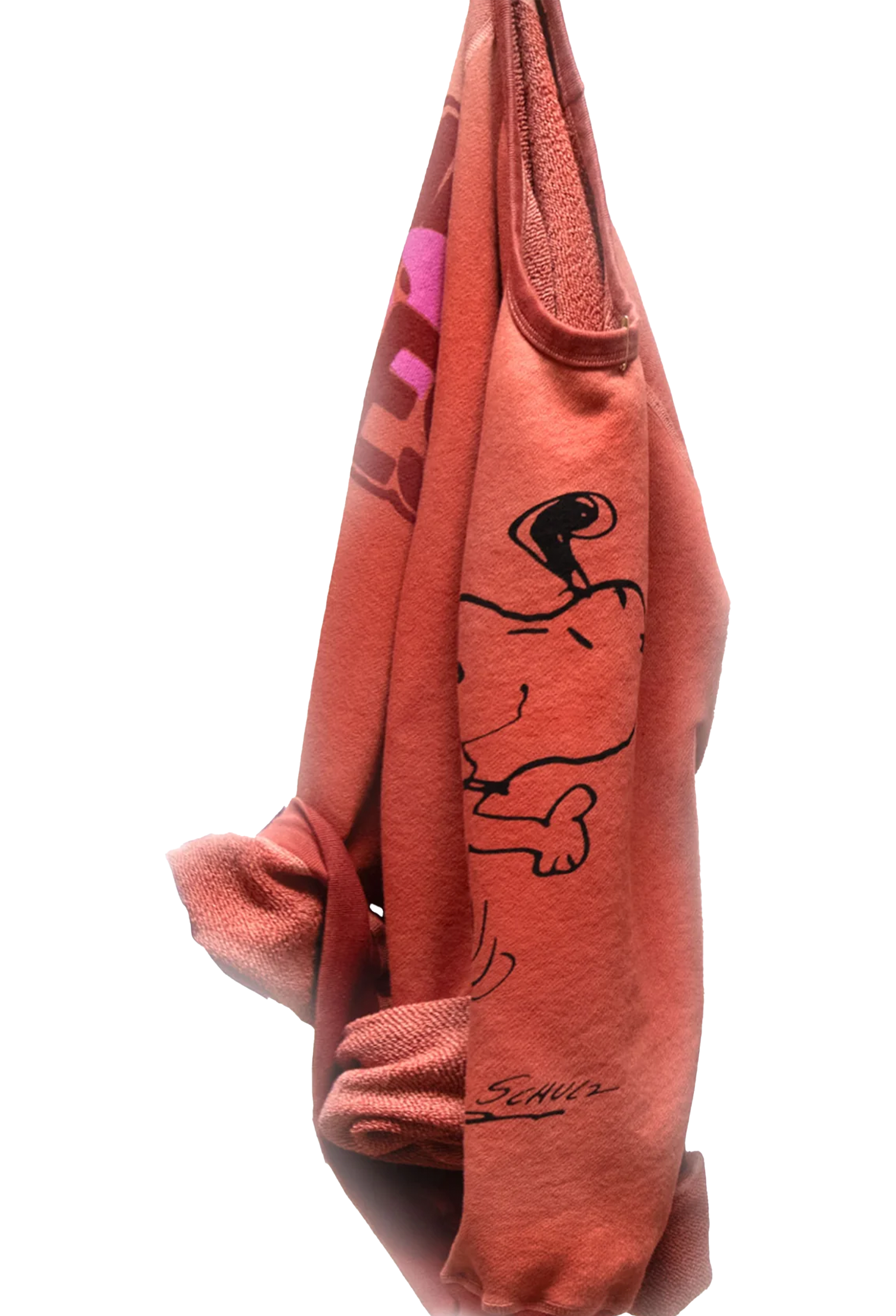 Red sweatshirt with black graphics on a white background
