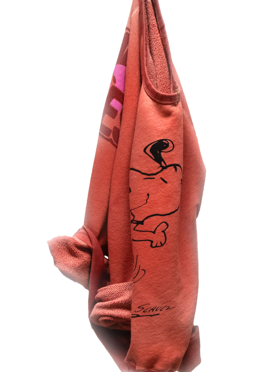 Red sweatshirt with black graphics on a white background