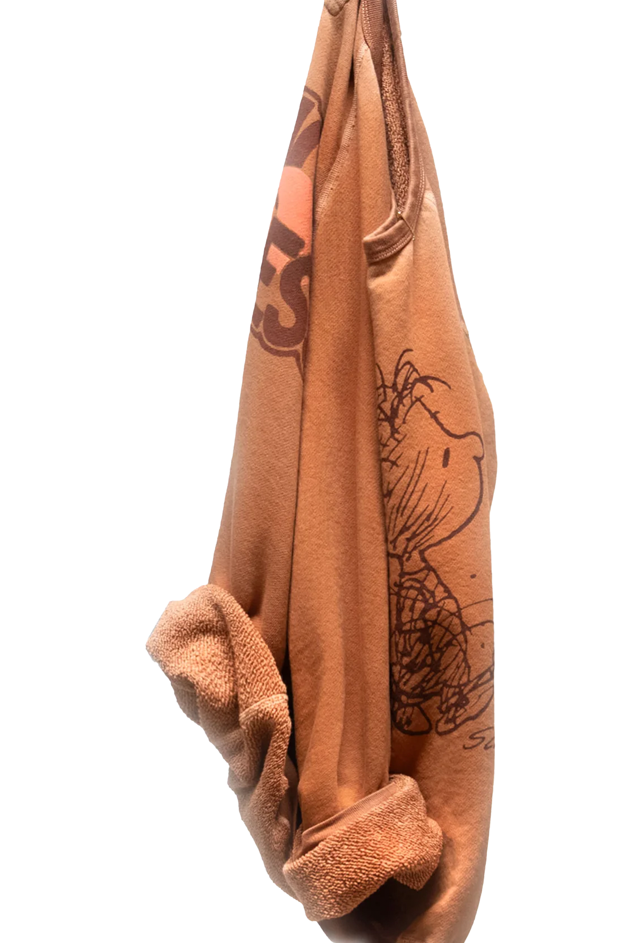 Brown hoodie with graphic design on a white background