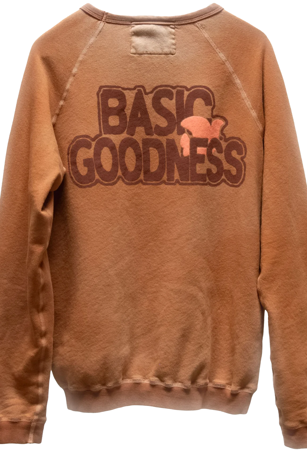 Brown sweatshirt with 'BASIC GOODNESS' text on the back against a white background