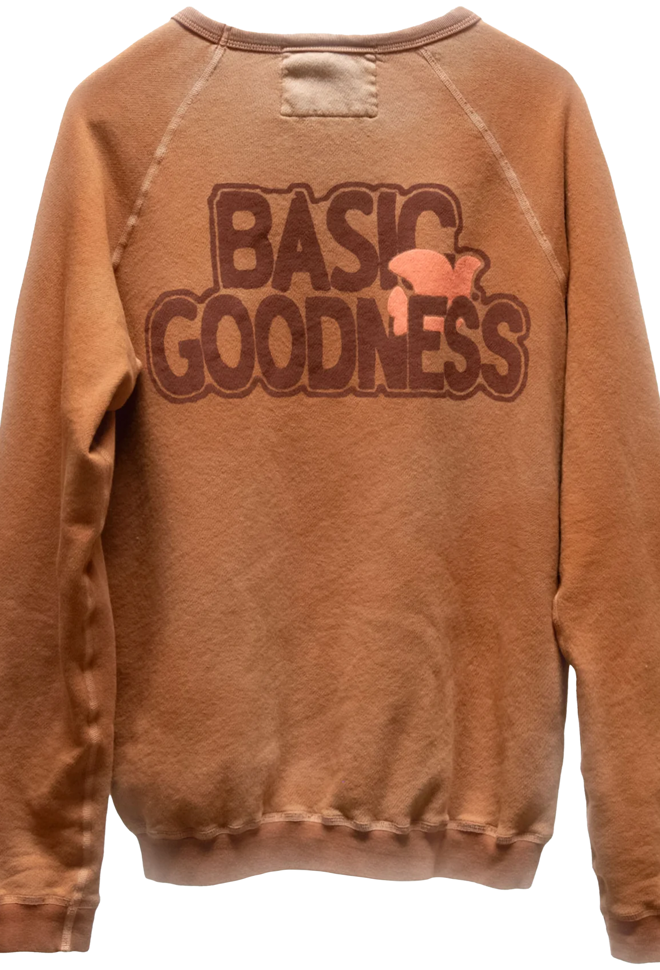 Brown sweatshirt with 'BASIC GOODNESS' text on the back against a white background