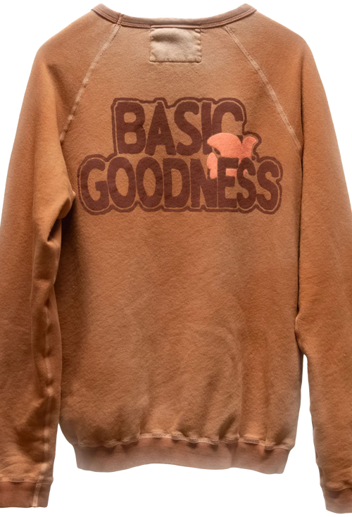 Brown sweatshirt with 'BASIC GOODNESS' text on the back against a white background