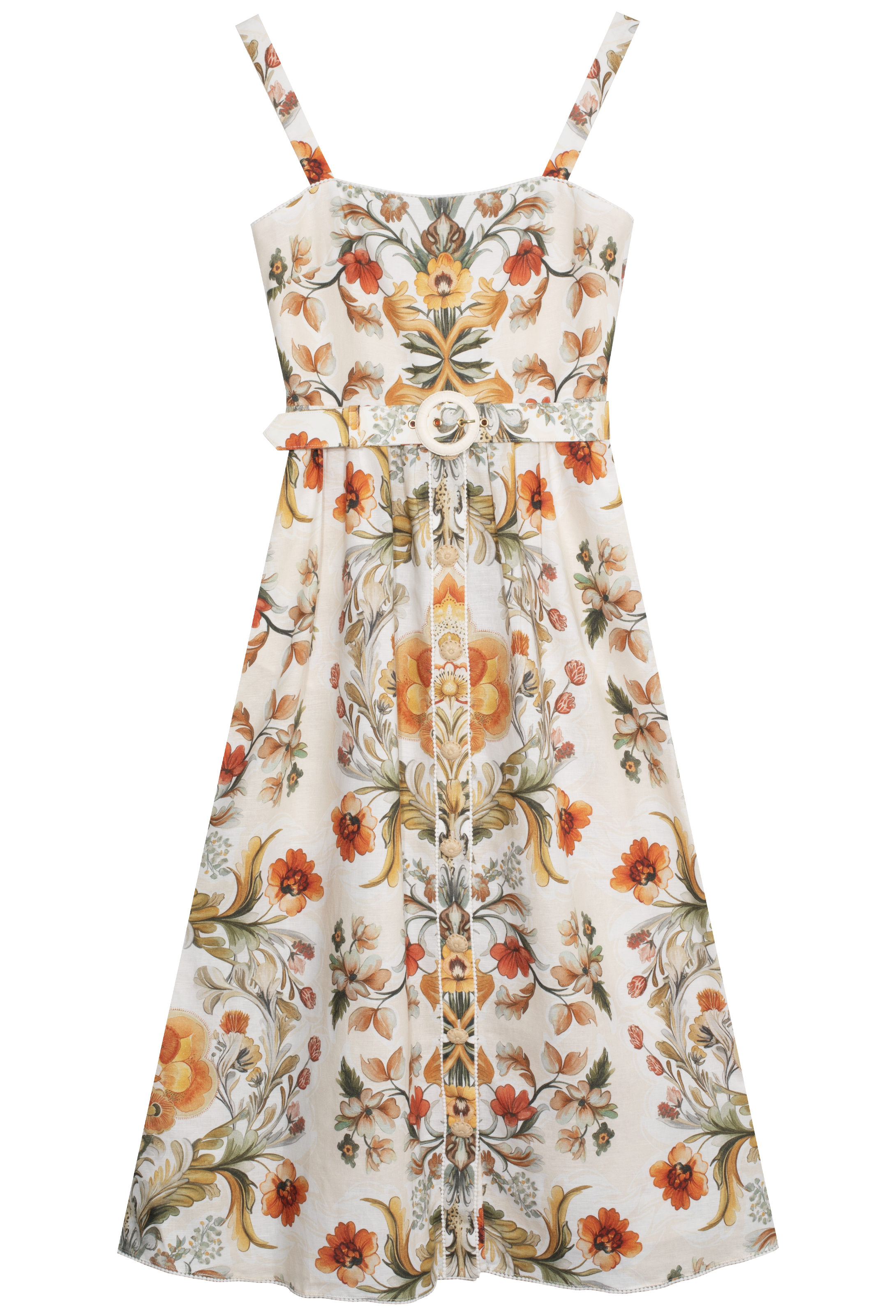 Floral print dress with a belt on a white background