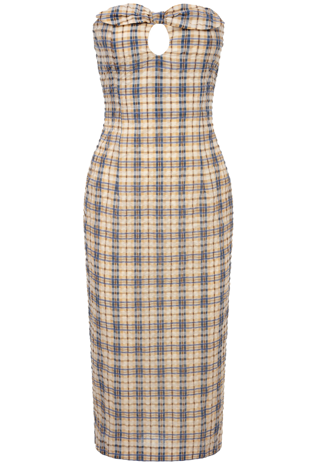 blue and yellow checkered strapless dress on a white background