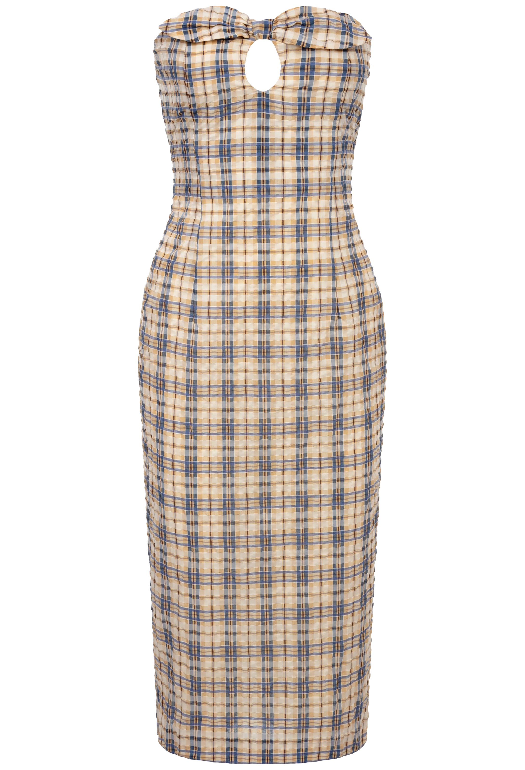 blue and yellow checkered strapless dress on a white background